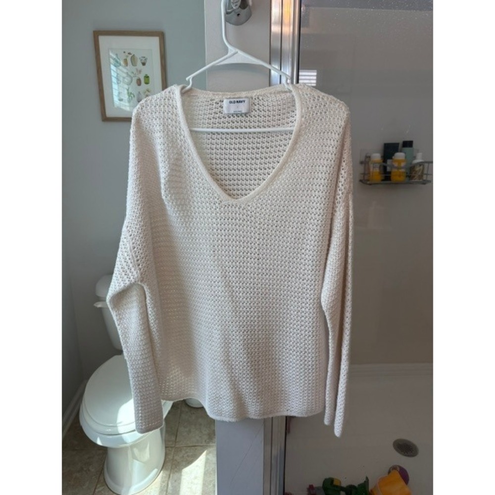 Old Navy Sweater Women's L Cream Open Knit V Neck Lightweight Pullover
